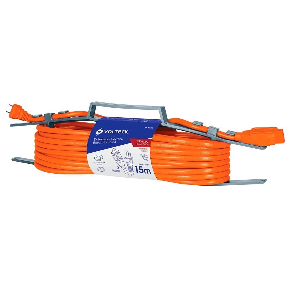 EXTENSION ELEC USO RUDO 2 X 18 AWG 15 MTS 3 CLAVIJAS NARANJA MOD. ER-15X16 REF. 48048 MARCA VOLTECK