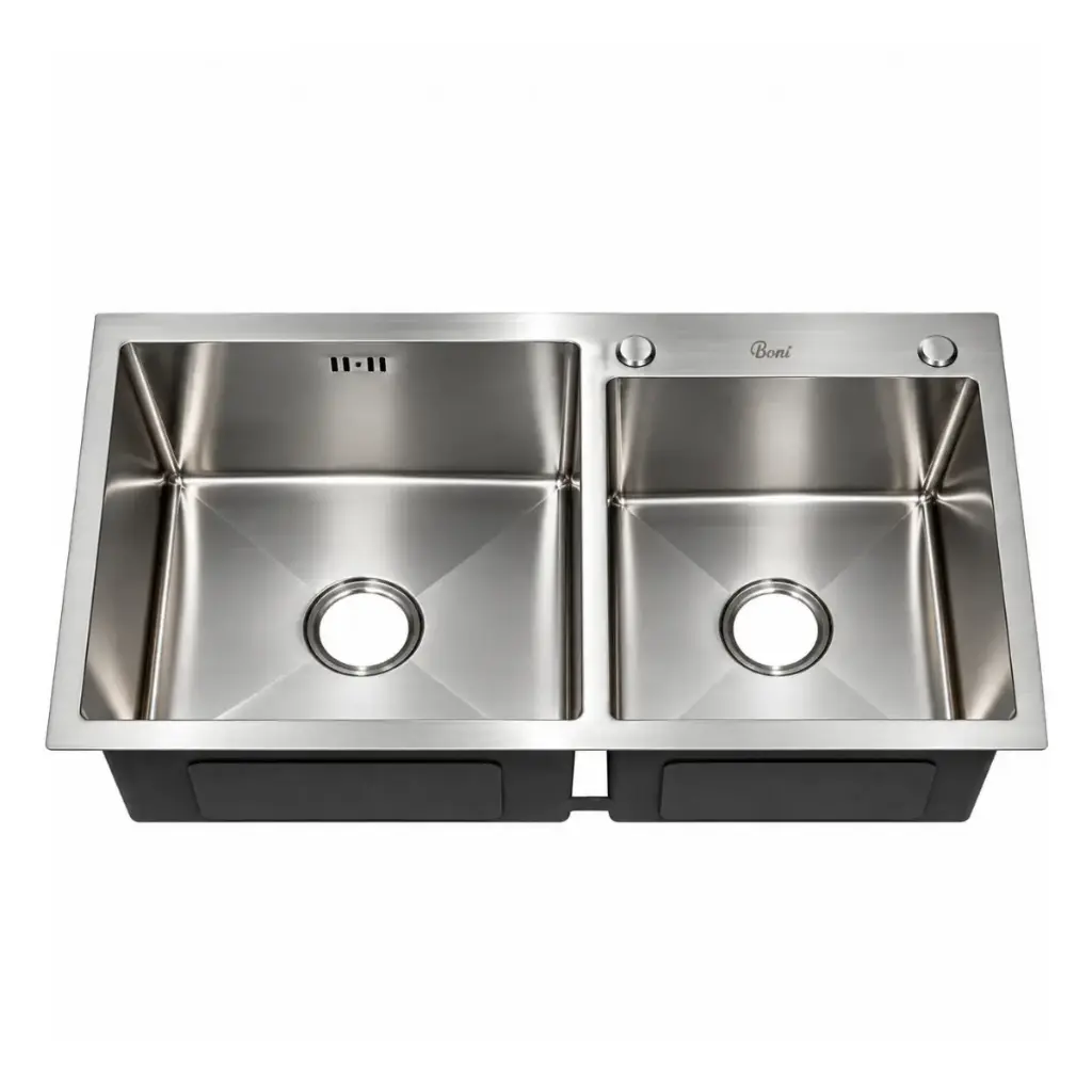 FREGADERO DE 2 TINA ACERO INOX. SOBRE TOPE/ EMPOTRAR 82 X 45 X 22 CM C/ACCESORIOS REF.FRE.01.03 BARI