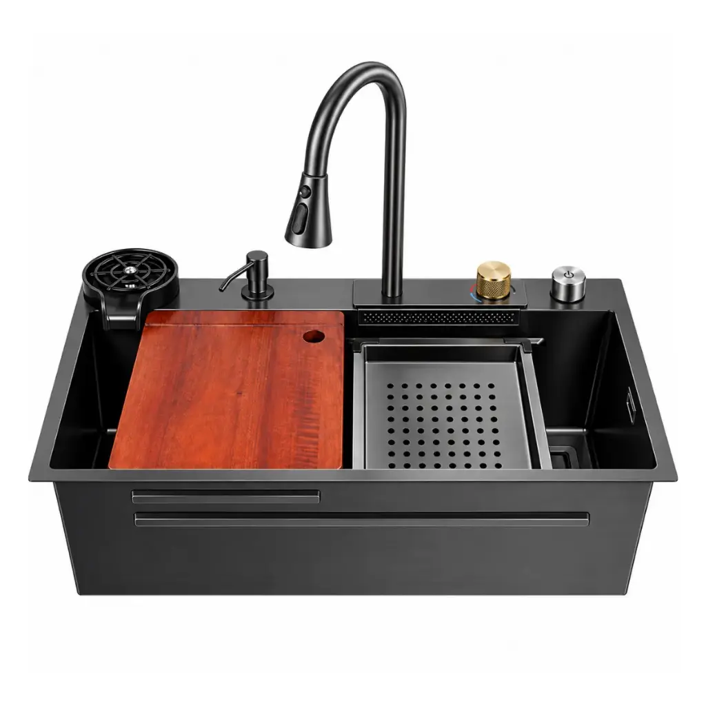 FREGADERO DE 1 TINA ACERO INOX SOBRE TOPE/EMPOTRAR 75 X 46 X 22CM C/ACCESORIOS NEGRO BARI