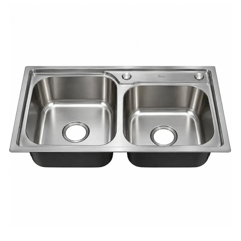 FREGADERO DE 2 TINA ACERO INOX. SOBRE TOPE 78 CM X 43 CM X 22 CM REF. FRE.03.03 MARCA BARI