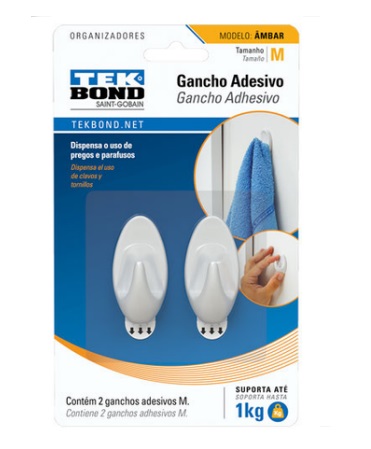 GANCHO PLASTICO AUTO ADHESIVO P/ PRENDA SOPORTA HASTA 1 KG AMBAR REF 7994 / 382461 MARCA TEK BOND