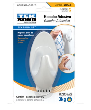 GANCHO PLASTICO AUTO ADHESIVO P/ PRENDA SOPORTA HASTA 3 KG AMBAR REF 7998 / 382522 MARCA TEK BOND