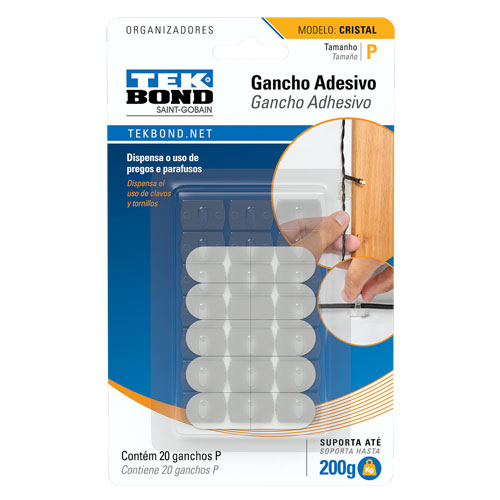 GANCHO CRISTAL PLASTICO AUTO ADHESIVO SOPORTA HASTA 200 GR (20 UNI) REF 8007 / 382799 MARCA TEK BOND