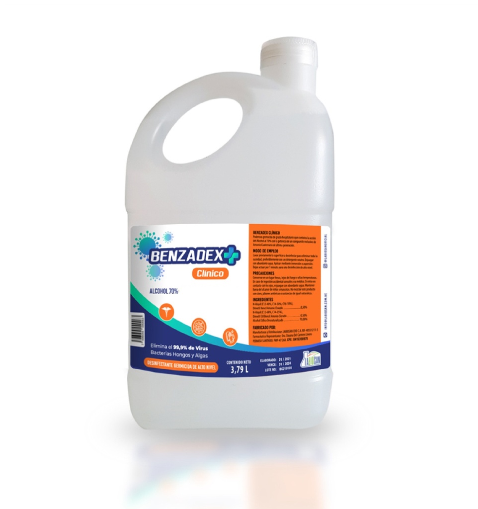 GEL ANTIBACTERIAL " BENZAGEL " CON ALCOHOL AL 70 % 1 GL 3.79 LTS REF-.BC3.79L MARCA BENZADEX