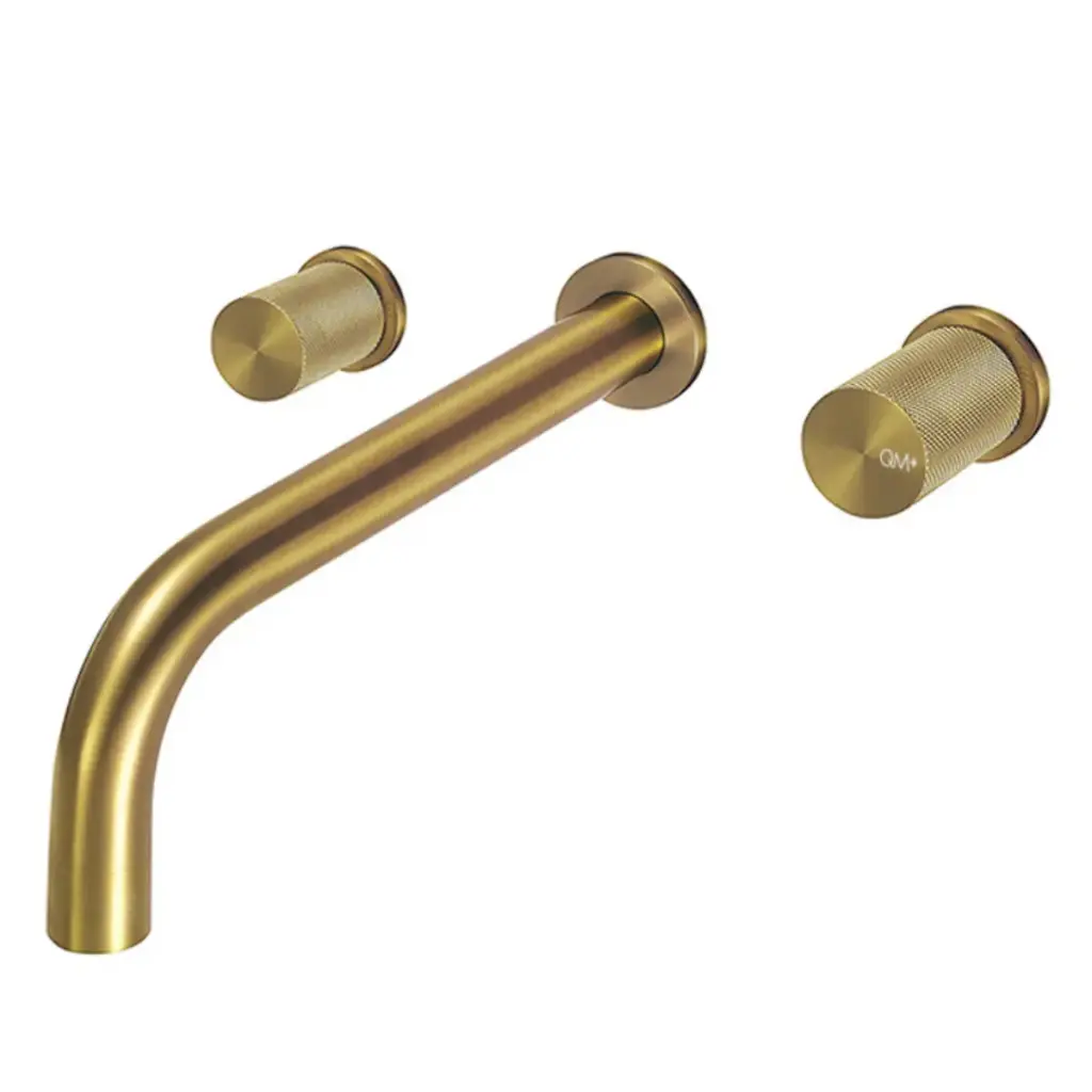 GRIFERÍA / GRUPO PARA LAVAMANOS A PARED QM+ SERIE SUPREME COLOR DORADO GOLD MARCA QUALITY METAL