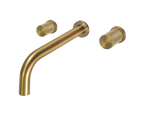 GRIFERÍA / GRUPO PARA LAVAMANOS A PARED QM+ SERIE SUPREME COLOR DORADO GOLD MARCA QUALITY METAL