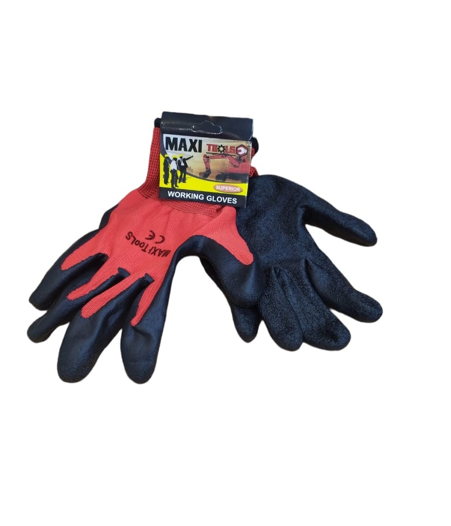 GUANTE DE TELA CON LATEX RUGOSO COLOR ROJO/ NEGRO 10" REF. PH-HS4129 MARCA MAXI TOOLS