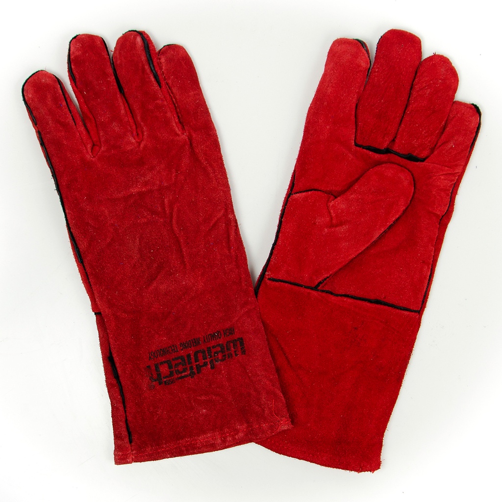 GUANTE DE CARNAZA REFORZADO CON MATACHISPAS DE 14" ROJO REF. 2002220 MARCA WELDTECH