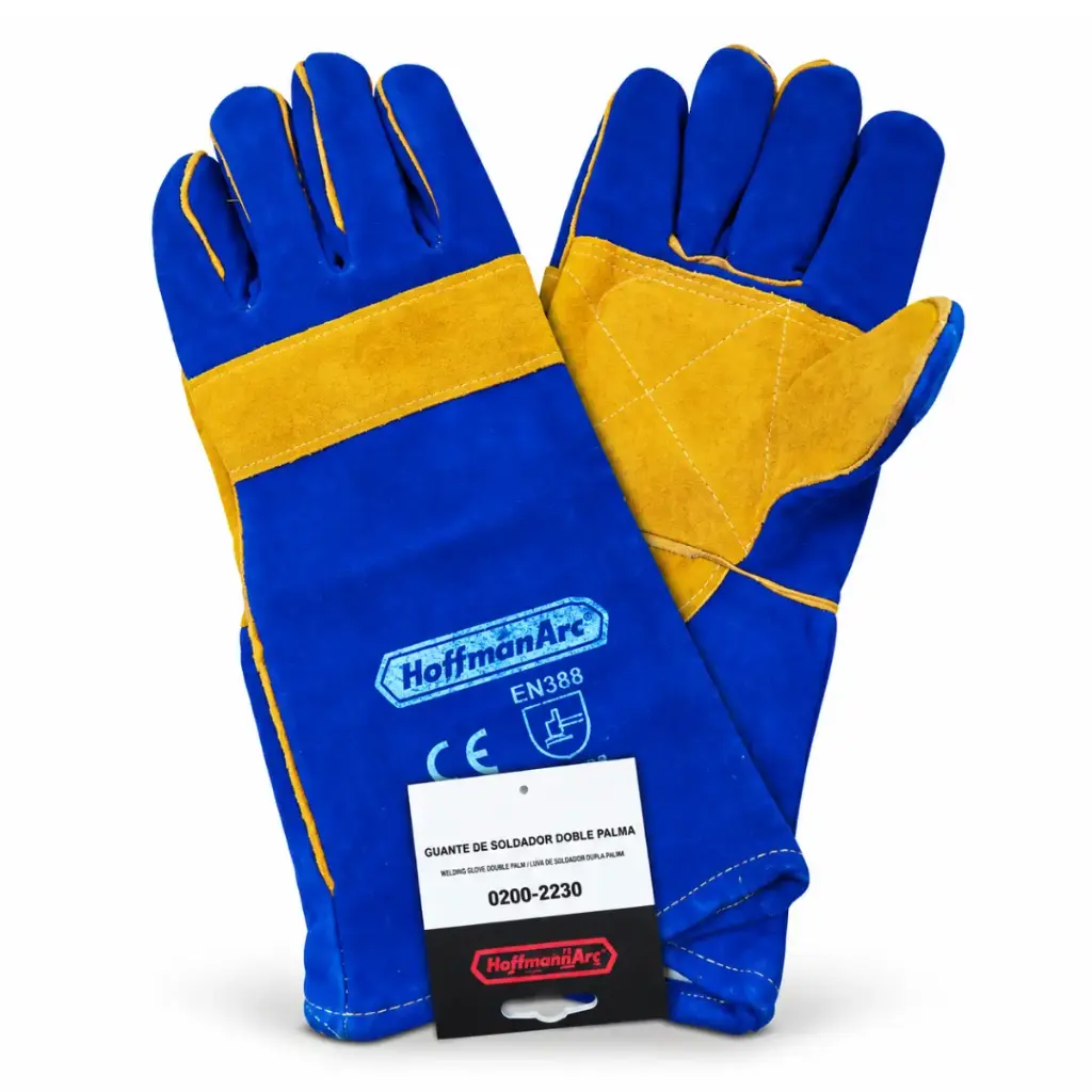 GUANTE DE CARNAZA REFORZADO CON MATACHISPAS DE 14" AZUL REF. 2002230 MARCA HOFFMAN ARC