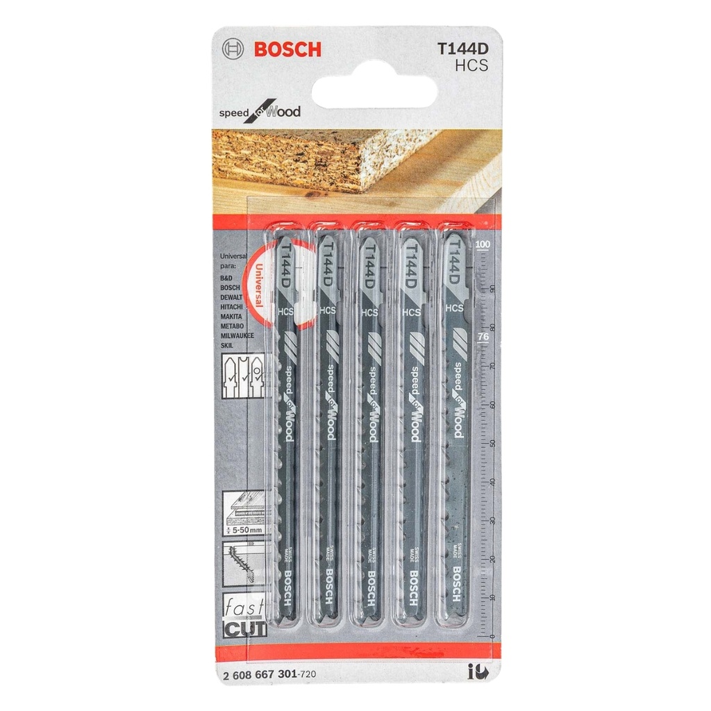 JUEGO DE HOJA DE SIERRA CALADORA P/MADERA CORTE RAP. T144D 5-50 MM REF. 2608630040 / 876412 BOSCH