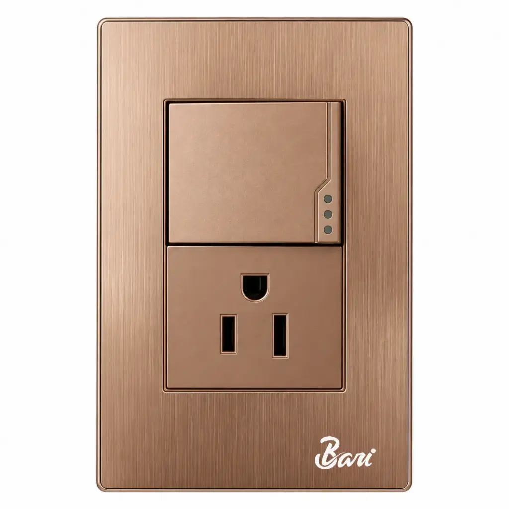 INTERRUPTOR SENCILLO (2 MOD) + TOMA C/TIERRA SERIE OTTONE COLOR BRUSH GOLD REF. INT-03.08 MARCA BARI