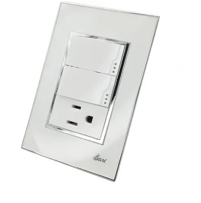 INTERRUPTOR DOBLE+TOMACORRIENTE C/TIERRA SERIE BIANCO BLANCO C/ CROMADO REF. INT-04.12 MARCA BARI