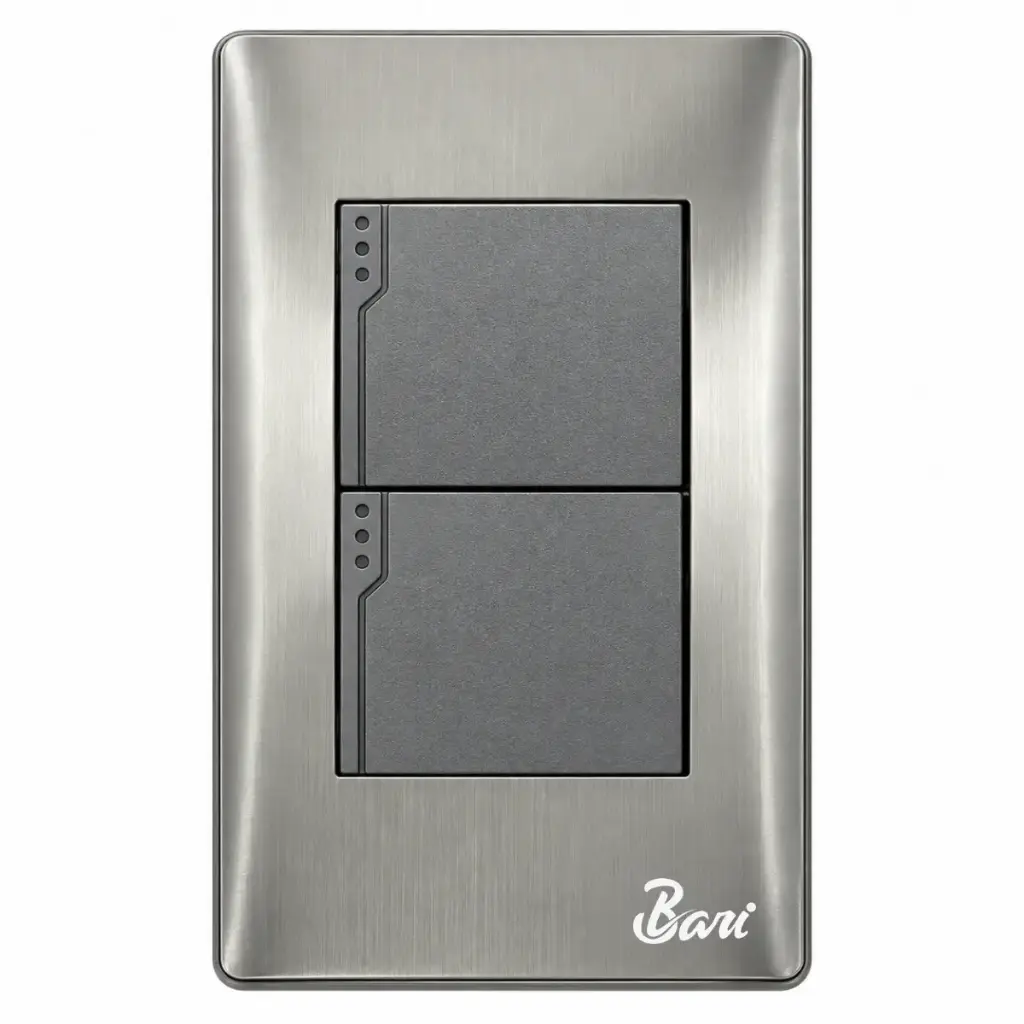 INTERRUPTOR DOBLE MOD.CURVO SERIE METALLO COLOR ACERO INOXIDABLE REF. INT-06.02 MARCA BARI