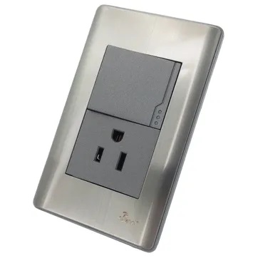 INTERRUPTOR + TOMA C/TIERRA MOD.CURVO SERIE METALLO COLOR ACERO INOXIDABLE REF.INT-06.08 BARI