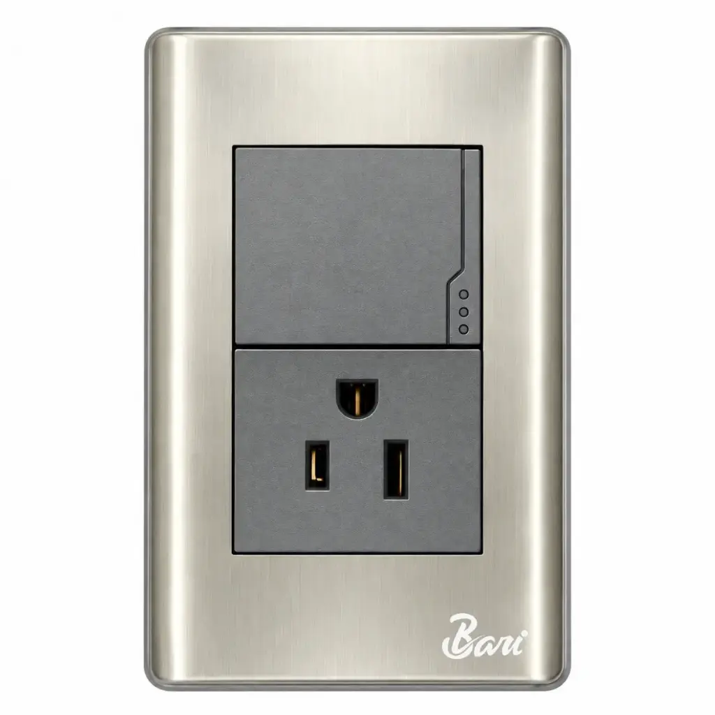 INTERRUPTOR + TOMA C/TIERRA MOD.CURVO SERIE METALLO COLOR ACERO INOXIDABLE REF.INT-06.08 BARI