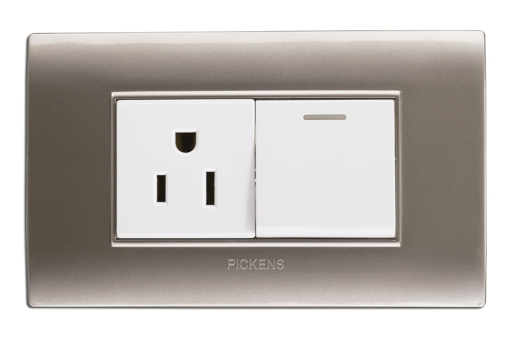 INTERRUPTOR SENCILLO + TOMA CORRIENTE COLOR PLATA / BLANCO REF. 118K-07-PLBL PICKENS