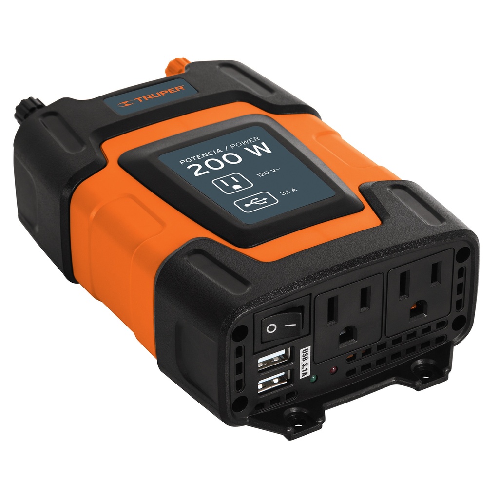 INVERSOR DE CORRIENTE C/ 2 USB A 3.1 AMP 2 TOMA A 110 V 200W PARA VEHICULOS REF. 10448 MARCA TRUPER