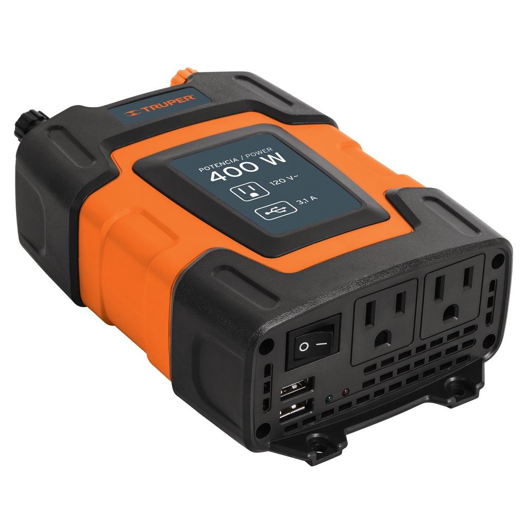 INVERSOR DE CORRIENTE C/ 2 USB A 3.1 AMP 2 TOMA A 120 V 400W P/ VEHICULOS REF. 10449 MARCA TRUPER