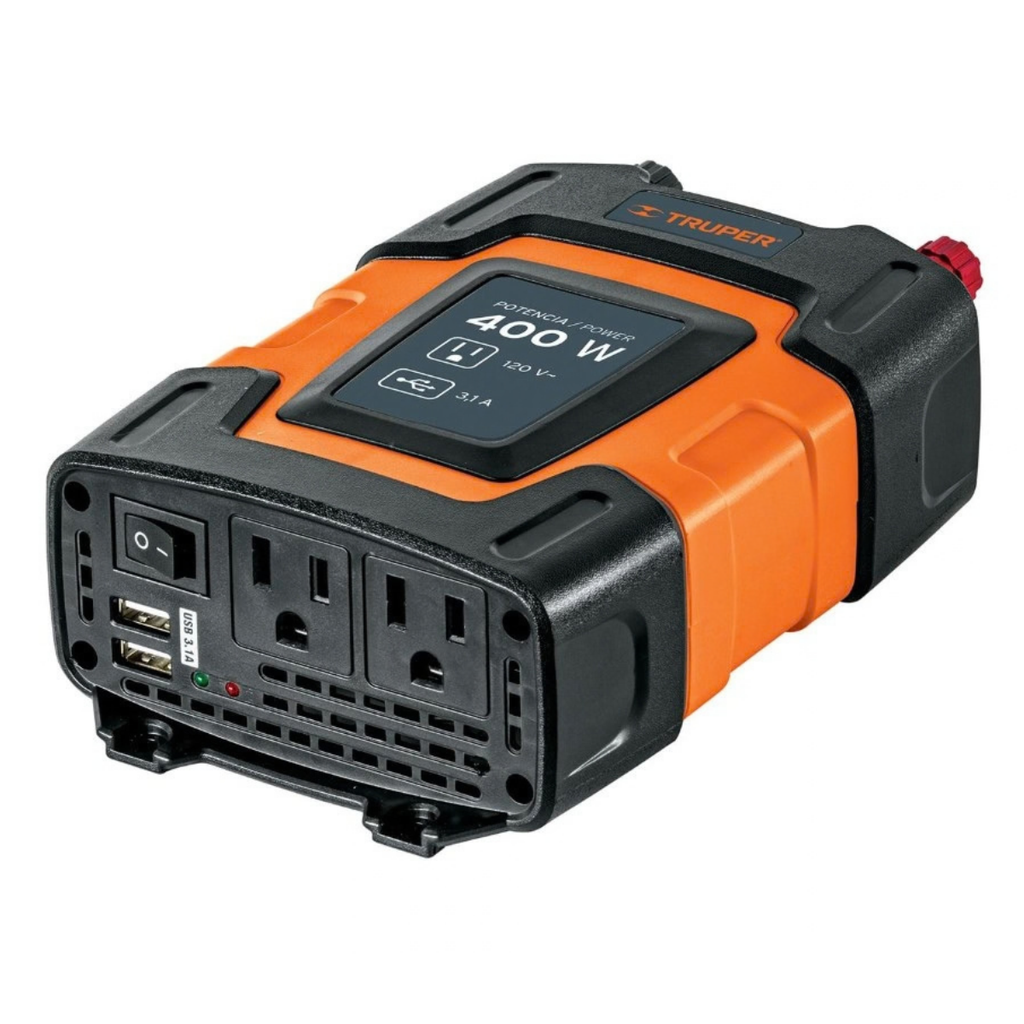 INVERSOR DE CORRIENTE C/ 2 USB A 3.1 AMP 2 TOMA A 120 V 400W P/ VEHICULOS REF. 10449 MARCA TRUPER