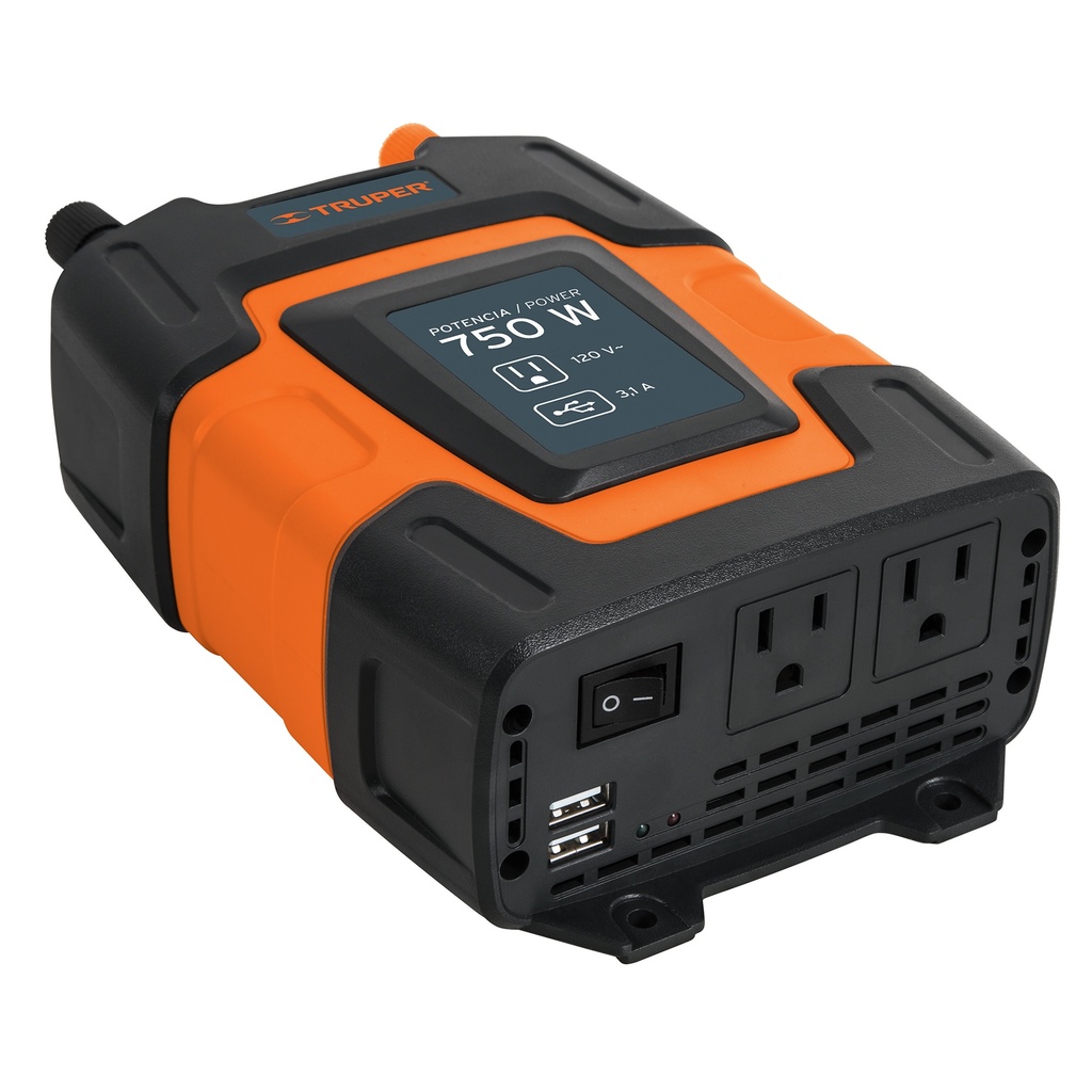 INVERSOR DE CORRIENTE C/ 2 USB A 3.1 AMP 2 TOMA A 120 V 750W P/ VEHICULOS MOD. INCO-750 REF. 10490 MARCA TRUPER