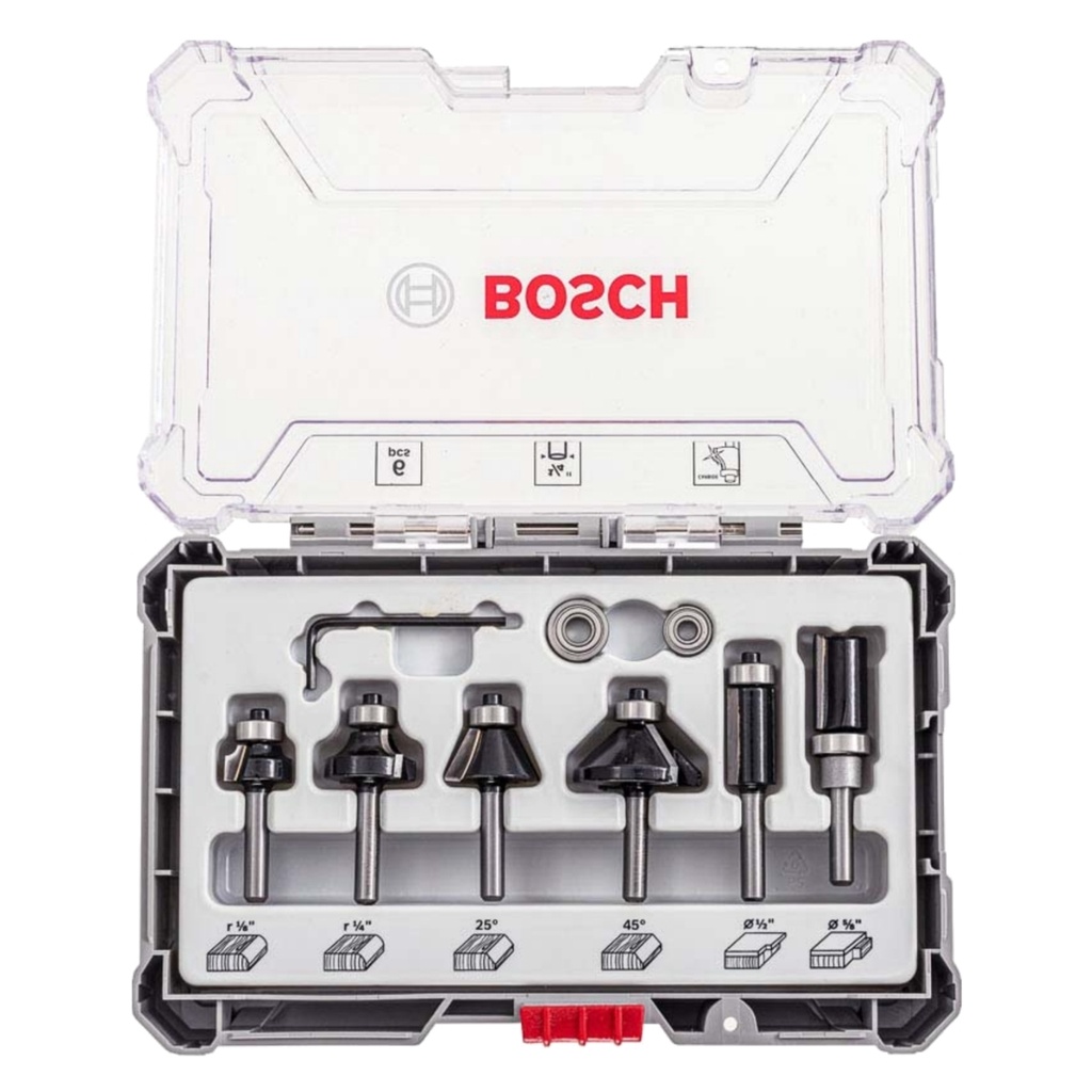 JUEGO DE FRESAS ACABADO 1/4" PARA ROUTER / TROMPO 6 PZAS REF. 2607017470 COD. 958011 REF. 880730 MARCA BOSCH