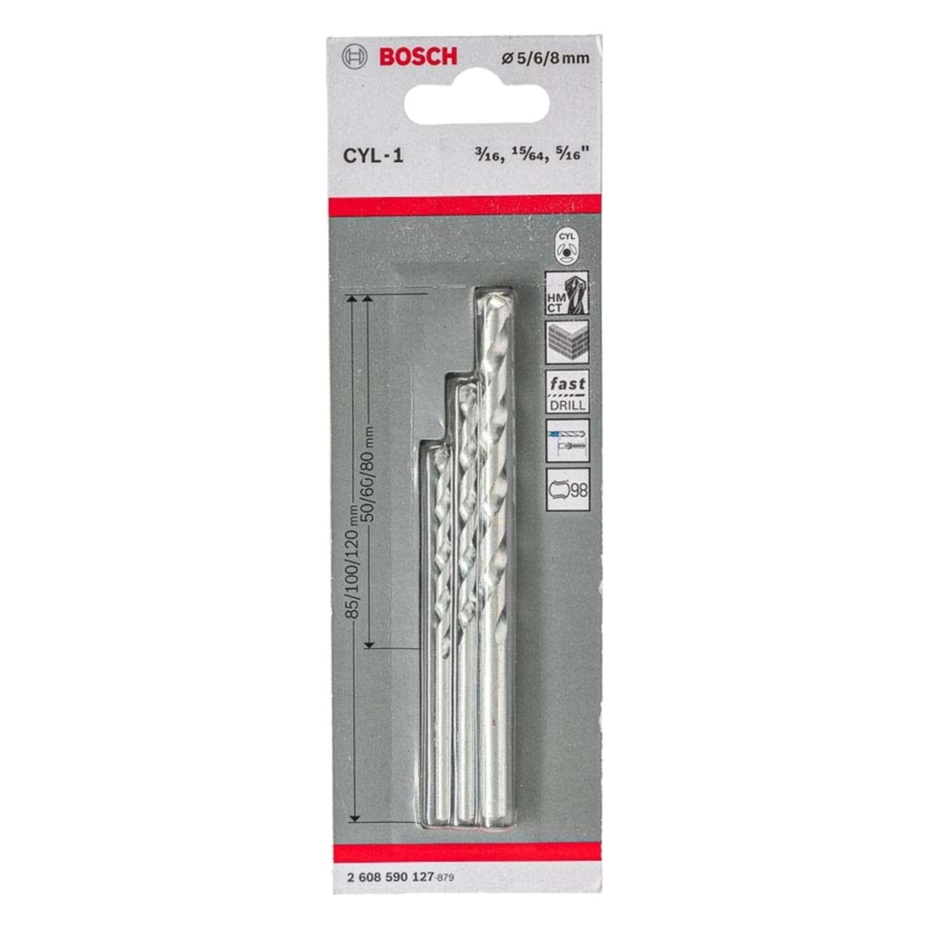 JUEGO DE BROCAS CONCRETO 3/16-15/64-5/16" 5-6-8MM CYL-1 REF. 2608590127 / 871912/ 438094 MARCA BOSCH
