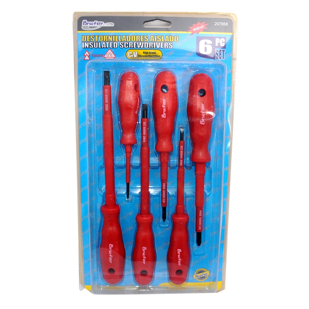 JUEGO DE DESTORNILLADORES PARA ELECTRICISTA DE 6 PZAS 1000 V AISLADO REF. 207958 MARCA BRUFER