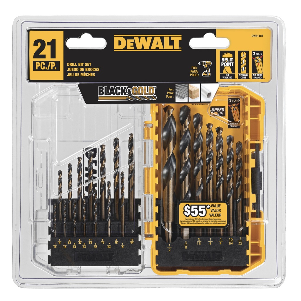 JUEGO DE BROCAS / MECHAS DE OXIDO NEGRO P/METAL DE 1/2" 14 PIEZAS REF. DWA1184 MARCA DEWALT