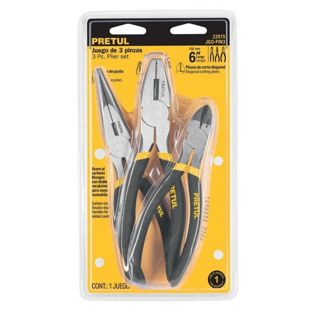 JUEGO DE PINZAS 6" 3 PZAS MOD. JGO-PIN3 REF. 22975 MARCA PRETUL