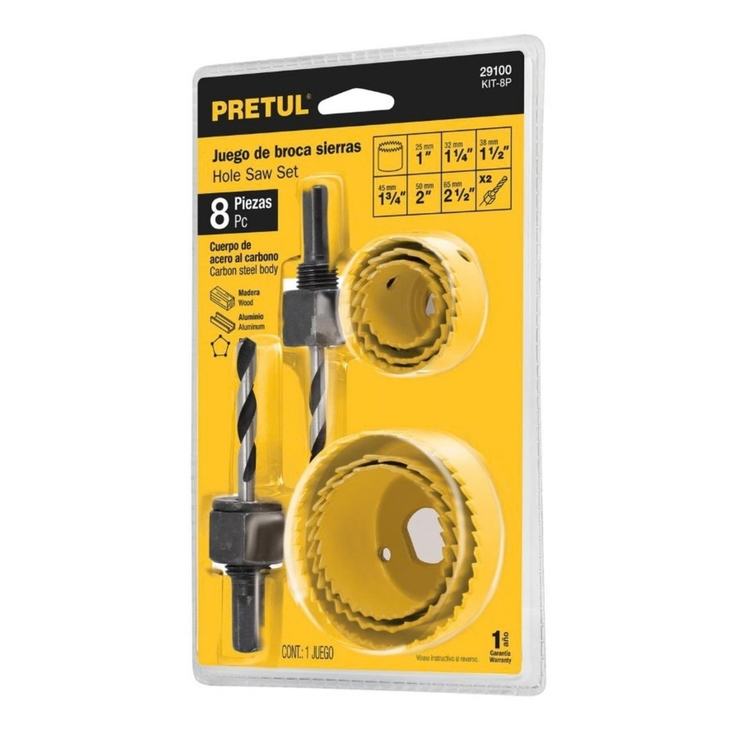 JUEGO DE SIERRA COPA 8 PZAS. PARA MADERA - ALUMINIO - PLASTICO MOD. KIT-8P REF. 29100 MARCA PRETUL