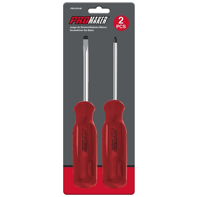 JUEGO DE DESTORNILLADORES 2 PZAS BASICO PALA/ESTRIA REF. PRO-DS190 MARCA PROMAKER