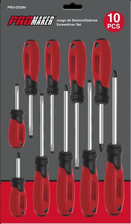 JUEGO DE DESTORNILLADORES 10 PZAS REDONDO PALA/PHIL. REF. PRO-DS294 MARCA PROMAKER