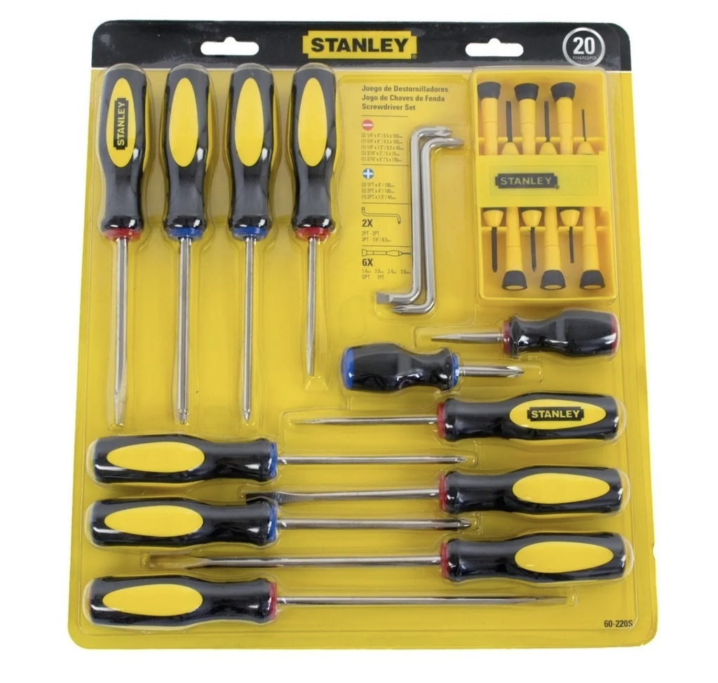 JUEGO DE DESTORNILLADORES 20 PZAS PALA / ESTRIA REF. 60-220LA / 60-220S / DES-716 MARCA STANLEY