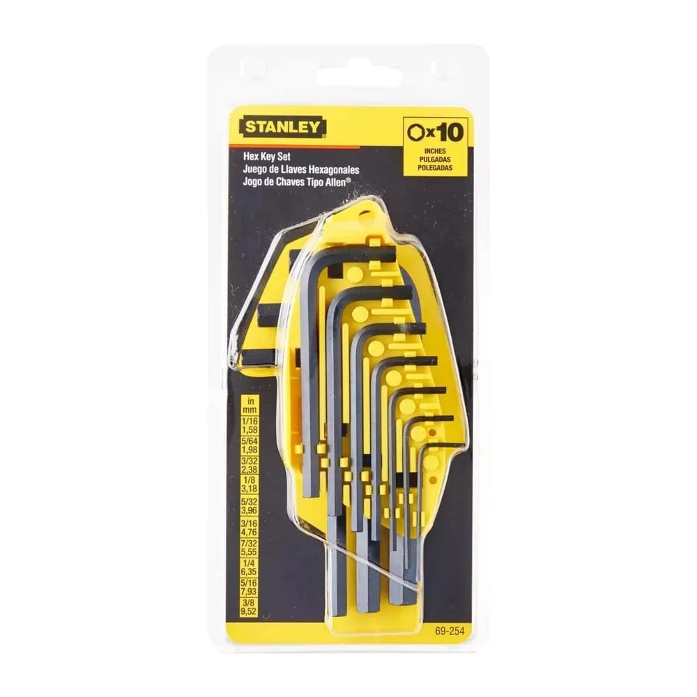 JUEGO DE LLAVE HEXAGONAL 1/16" A 3/8" EN CLIP 10 PZAS REF. 69254 MARCA STANLEY