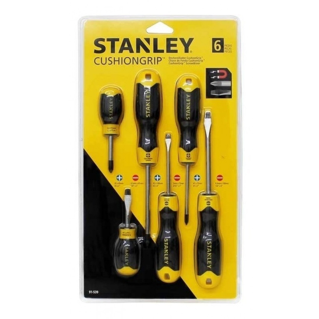 JUEGO DE DESTORNILLADORES CUSHION GRIP 3 PHILL / 3 PLANO 6 PZAS REF. 91539 MARCA STANLEY