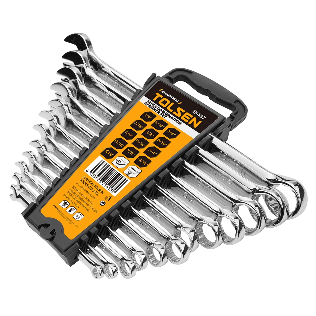 JUEGO DE LLAVES COMBINADAS 12 PZAS (1/4" - 15/16") / ACABADO ESPEJO REF. 15487 MARCA TOLSEN