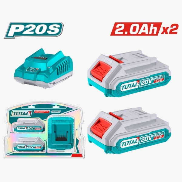 JUEGO DE 2 BATERIAS DE LITIO DE 2.0 AH + CARGADOR RAPIDO 20V REF. UTFBCPK2212 / 228390 MARCA TOTAL TOOLS