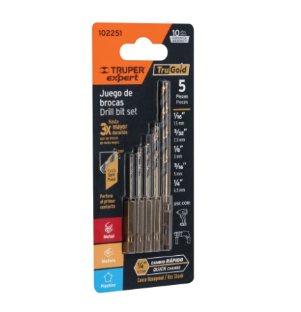 JUEGO DE BROCAS / MECHAS P/METAL 5 PZAS 1/8"-1/2" MOD. JBAV-5R REF. 102251 / K2251 MARCA TRUPER
