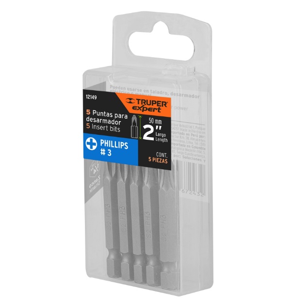JUEGO DE PUNTAS DESTORNILLADOR PUNTA CRUZ PH3 X 2"  5 PZAS MOD.PUN-31X REF. 12149 TRUPER