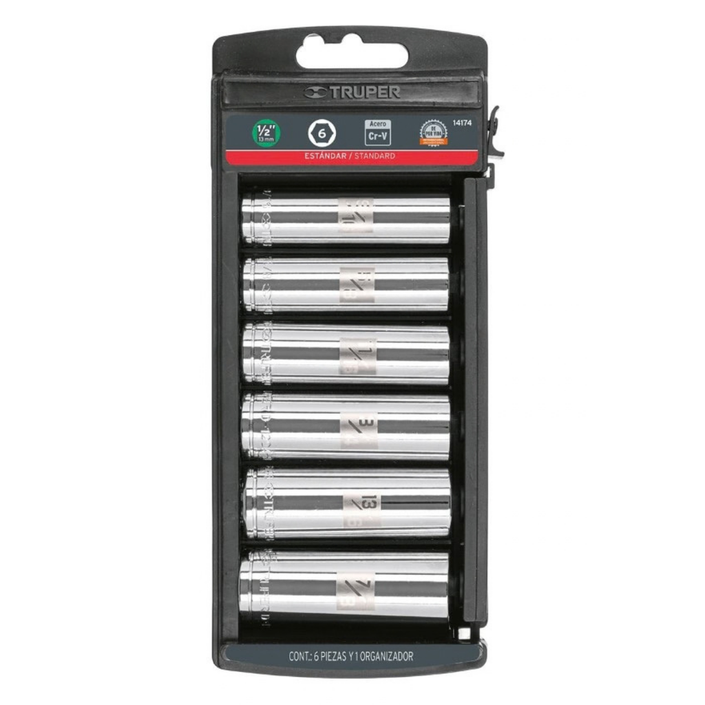 JUEGO DE DADOS LARGOS 6 PZAS CUADRO 1/2" STD MOD.JD-1/2X6LP REF. 14174 MARCA TRUPER