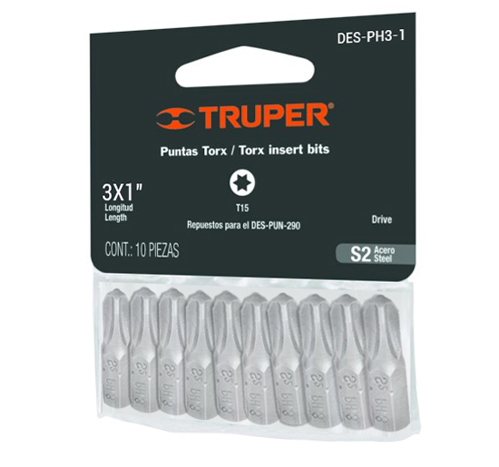 JUEGO DE PUNTA DE ESTRIA NRO. 3" X 1" 10 PZAS MOD. DES-PH3-1 REF. 17818 MARCA TRUPER