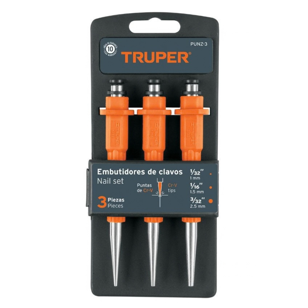 JUEGO DE BOTADOR / PUNZON DE CLAVOS 1/32" - 1/16" - 3/32" 58HRC MOD. PUNZ-3 REF. 18064 MARCA TRUPER