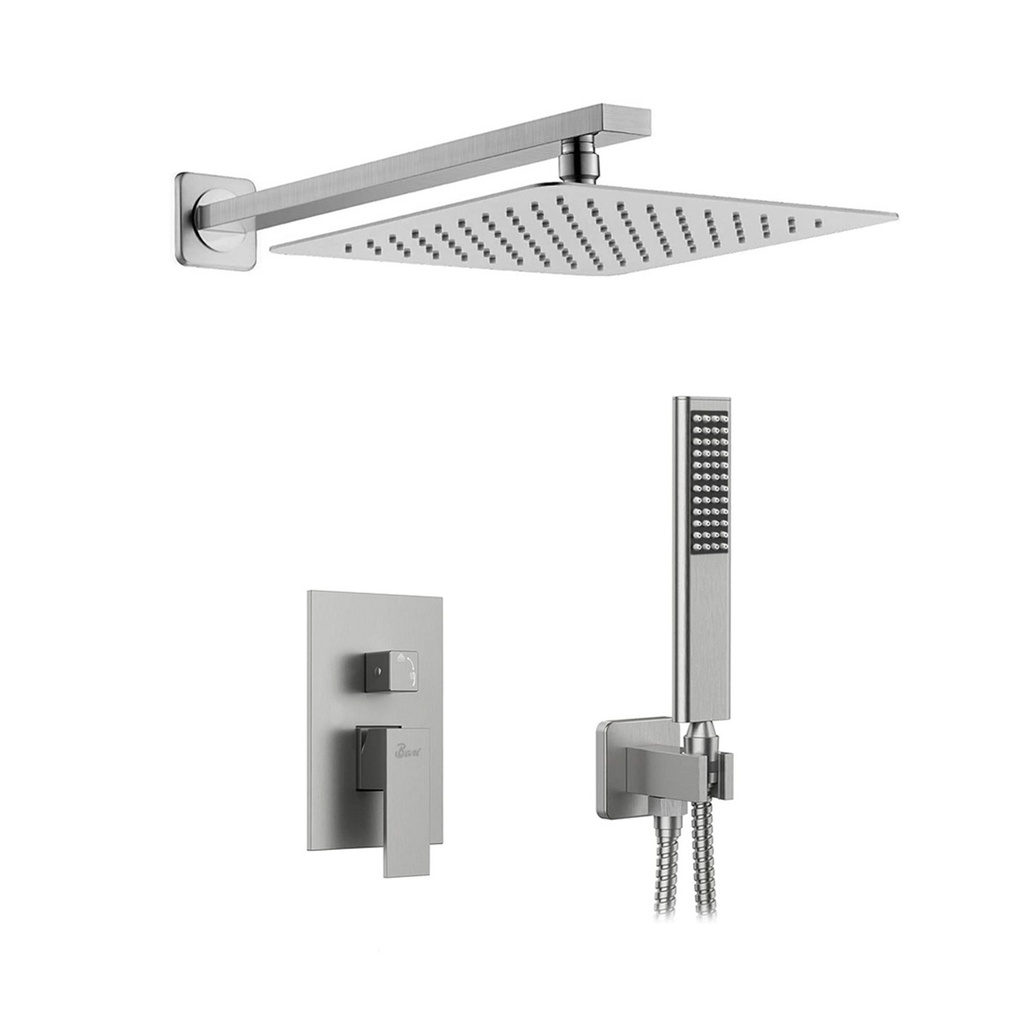 KIT DE DUCHA MONOMANDO CUADRADA ACERO INOX. CEPILLADO REF. DUC.03.06 MARCA BARI