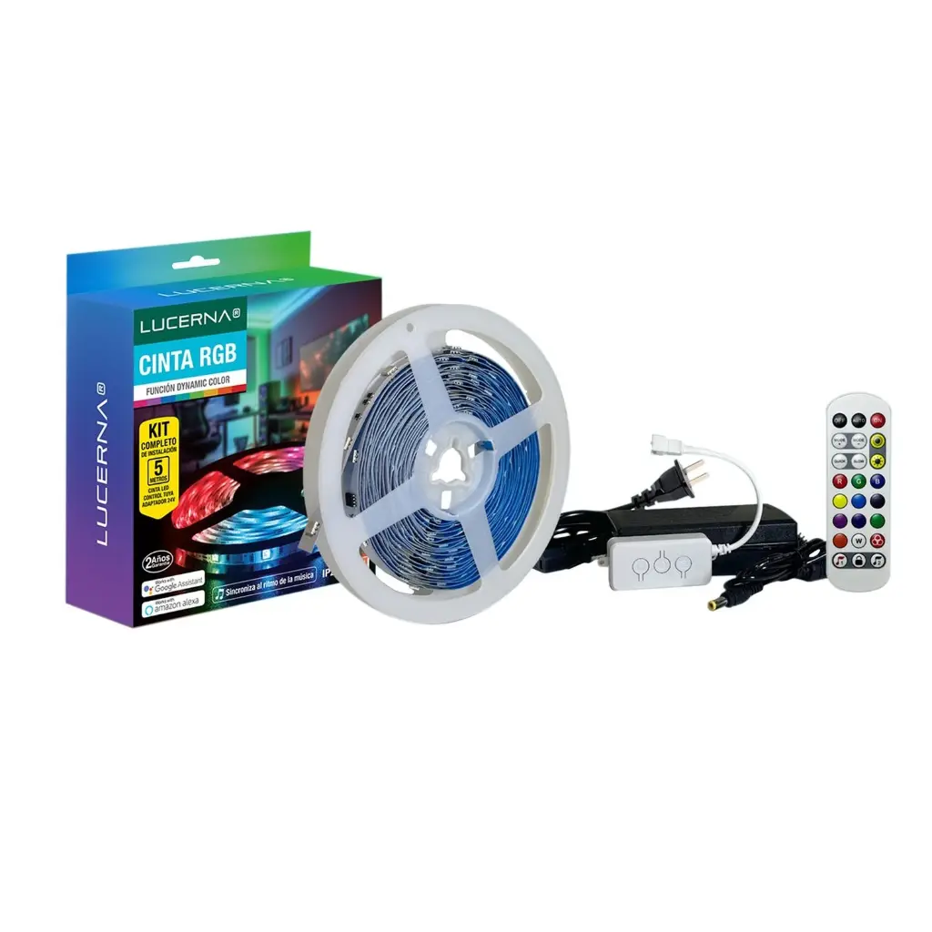 KIT DE CINTA LED DYNAMICA RGB 5 MTS 24V C/ CONTROL Y TRANSFORMADOR MARCA LUCERNA