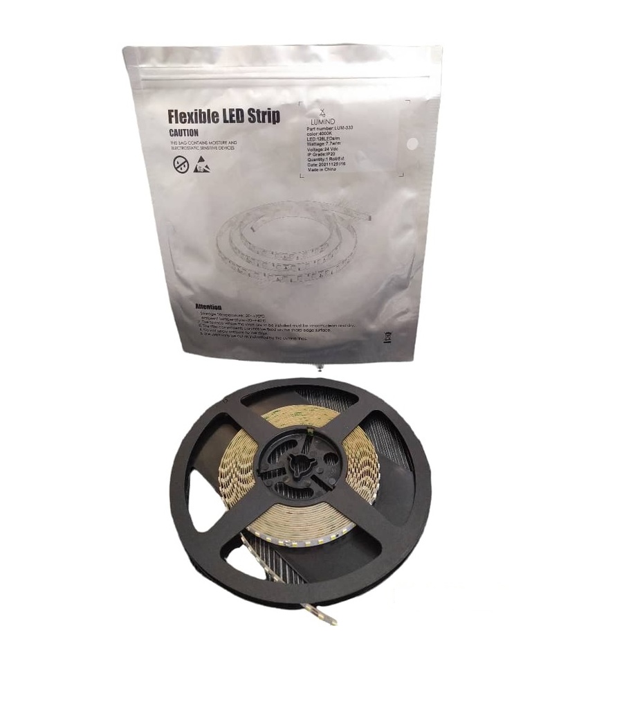 KIT DE CINTA LED SMD 128 LEDS/M 5 MTS 24 VDC IP20 4000K SIN TRANSFORMADOR REF. LUM-333 MARCA LUMIND