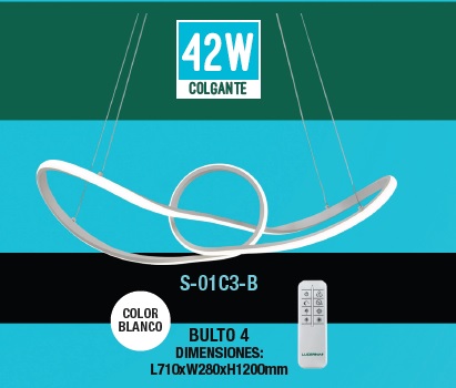 LAMPARA COLGANTE CREPUSCULO STYLE 42W 71X28CM C/CONTROL COLOR BLANCO REF. S-01C3-B MARCA LUCERNA