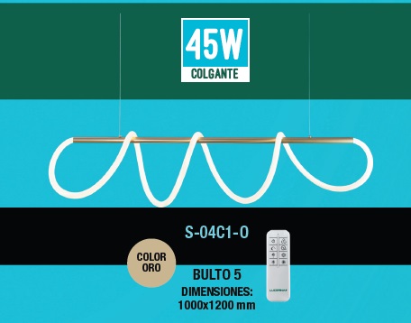 LAMPARA COLGANTE WAVE STYLE 45W 3 TONOS 110-260V C/ CONTROL C/ORO REF S-04C1-O / S-WAVE-C1-O LUCERNA