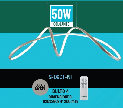LAMPARA COLGANTE AURORA STYLE 50W 3 TONOS 110-260V C/ CONTROL COLOR NICKEL REF. S-06C1-NI LUCERNA