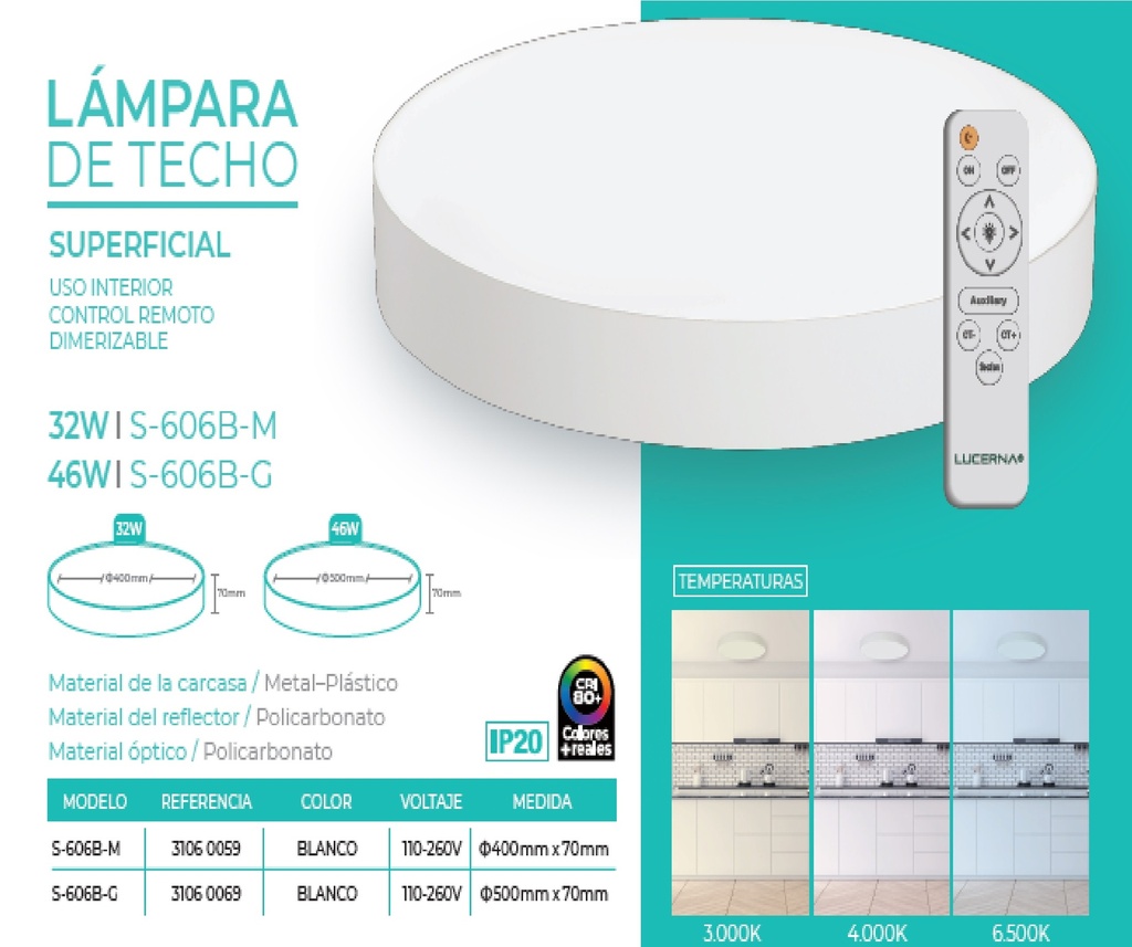 LAMPARA DE TECHO LED STYLE REDONDA 46W 50CM 110-260V DIMER. C/CONTROL C/ BLANCO REF.S-606B-G LUCERNA