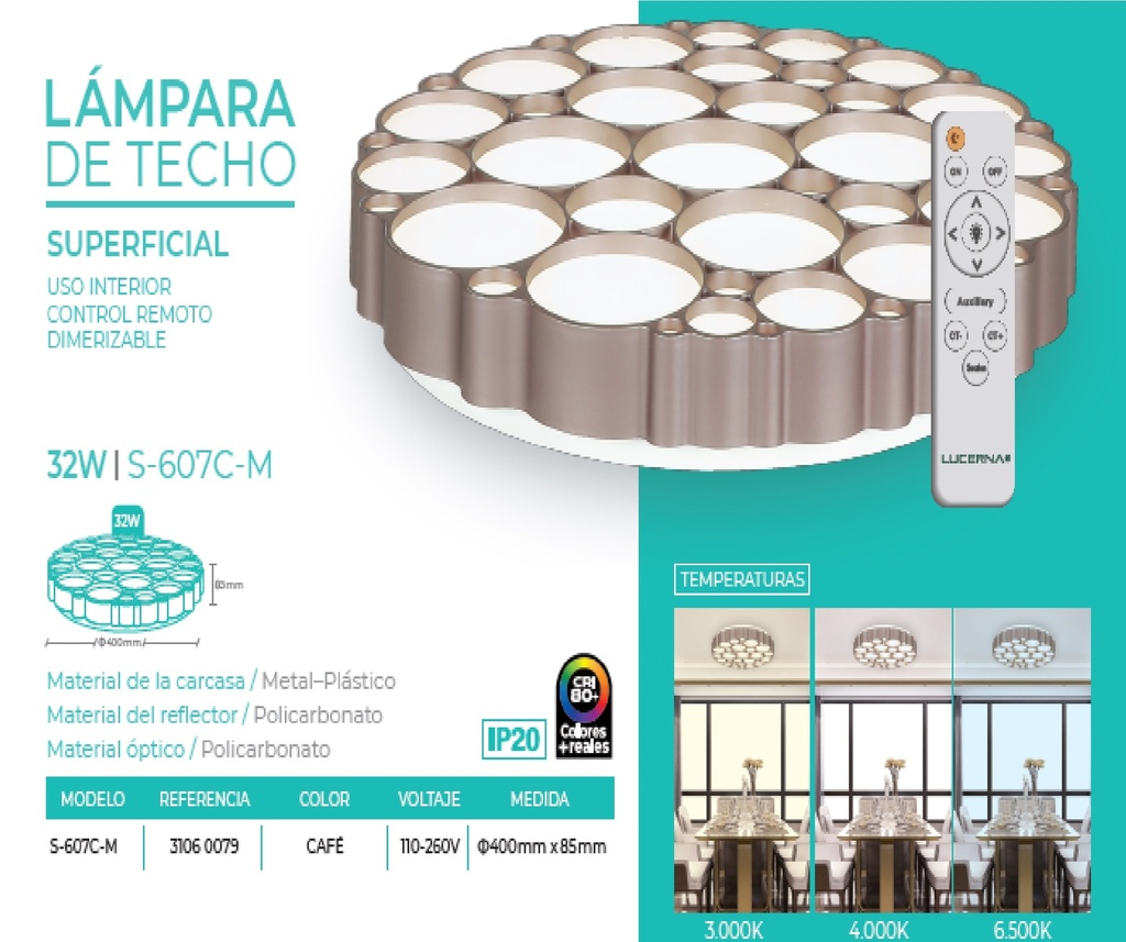 LAMPARA DE TECHO STYLE REDONDA 32W 40CM 110-260V 3000-6000K C/CONTROL C/CAFE REF.S-607C-M LUCERNA
